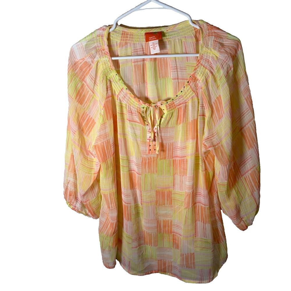 Hearts Of Palm Blouse Women's Large Sheer Round Neck 3/4 Sleeve Tie Rhinestone